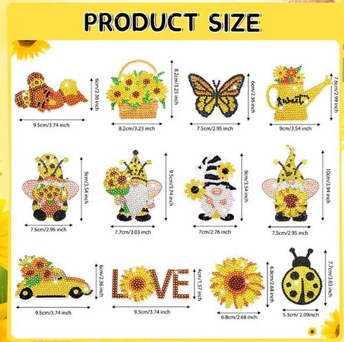 12pcs 5D DIY Assorted Summer Sunflower Diamond Art Keyrings by Numbers Kit - Picture 2 of 7