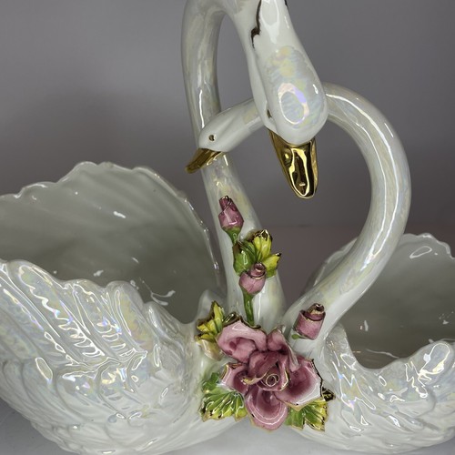 Capodimonte Double Swan & Roses Gold Accents Planter Decor Dish Italy Pearl - Picture 2 of 13