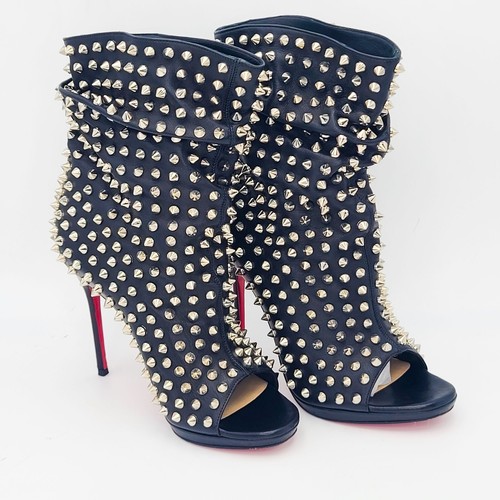CHRISTIAN LOUBOUTIN Spike Booties Guerilla 120 Slouch Peep Toe Ankle Boots 34 - Picture 3 of 9