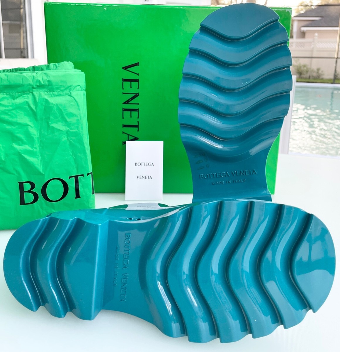 BOTTEGA VENETA Petroleum Blue Shiny Rubber Ankle Rain Boots Size