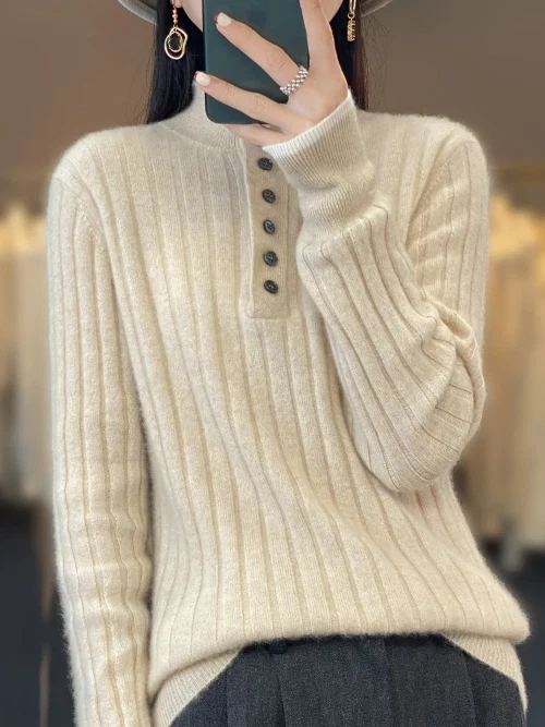 High Quality Women Casual Turn-down Collar Pullover Sweater Faux Cashmere Top - Image 3 of 4