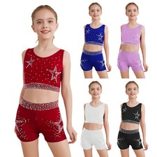 Kids Girls Outfit Performance Set 2Pcs Suit Cropped Vest Crisscross Back Shiny