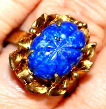 ANTIQUE SILVER GOLD PLATED FINE HAND CARVED LAPIS LAZULI OVAL LEAFS FLOWER RING