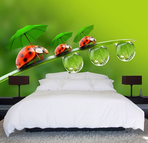 Ladybugs Green Umbrella Rainy 3D Full Wall Mural Photo Wallpaper Home Decal Deco - Picture 10 of 15