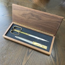 Vtg Desk Set Letter Opener Scissors Solingen Germany SALM Walnut Box Mail