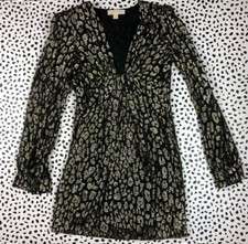Michael Kors Dress Black & Gold Print Sheer Long Puff Sleeve Deep V-Neck SIZE 2 