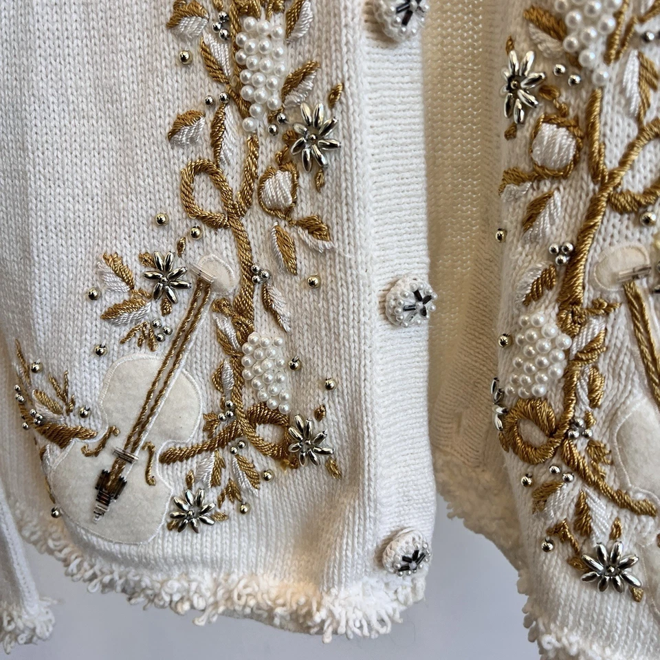 Cárdigan Suéter Vintage Cottagecore Talla M Lemon Grass Marfil Guitarra Cuello Peludo Foto 4 de 4