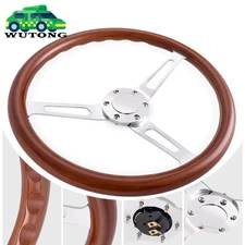 15" 380mm Real Wood Steering Wheel Sliver Chrome Spokes 6 Holes w/ Horn Button