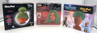 Chia Pet Planter LOT  Grow a Groot  Chia Zombie Trolls World Tour + Box NICE LOT