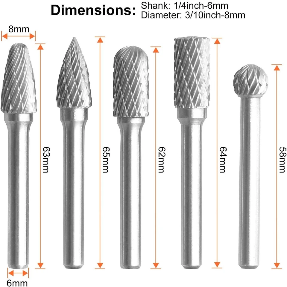 Набор из 5 вращающихся заусенцев из карбида вольфрамовой стали, хвостовик 1/4 дюйма двойной вырез карбид... - Изображение 3 из 4