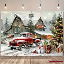 2D Flat, Large Christmas Winter Scene Backdrop with Vintage Red Truck, Barn & Sn