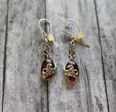 Sterling Silver Red Stone Drop Earrings  SLC 925 CHINA