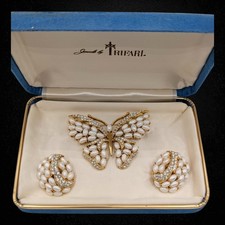 Vtg Crown Trifari Butterfly Brooch Earrings Demi-Parure Jewels by Trifari Box