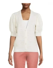 Time and Tru Short Puff Sleeve Winter White Button Down Cardigan Size M