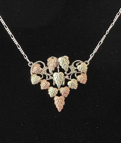 Marked Black Hills Sterling Silver and 10k Gold Leaves Lavaliere Necklace  19" L