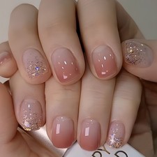24PCS Nude Pink Glitter Press-On Nails - Elegant Oval for Any Occasion