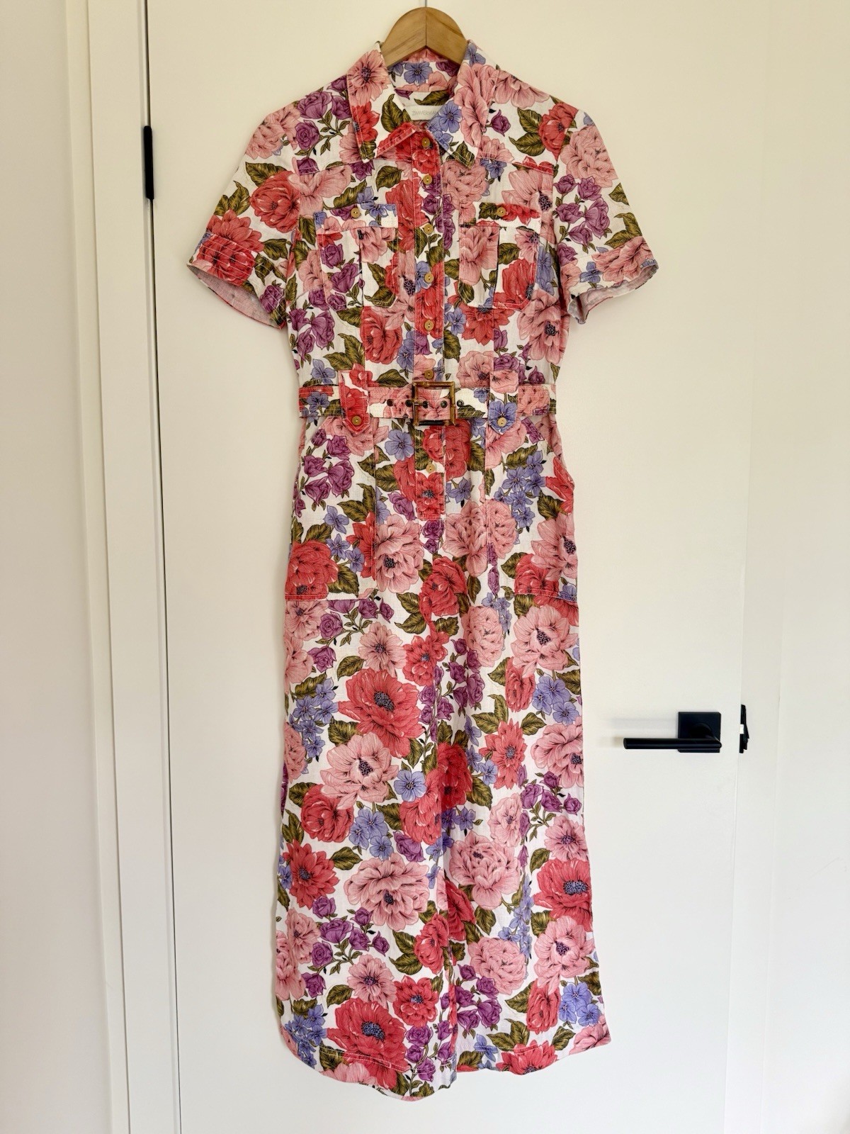 ZIMMERMANN Size 1 POPPY BELTED SAFARI JUMPSUIT IN CRIMSON FLORAL RRP$850