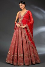Indian Designer Red Malai Satin Lehenga Choli With Dupatta For Wedding Wear