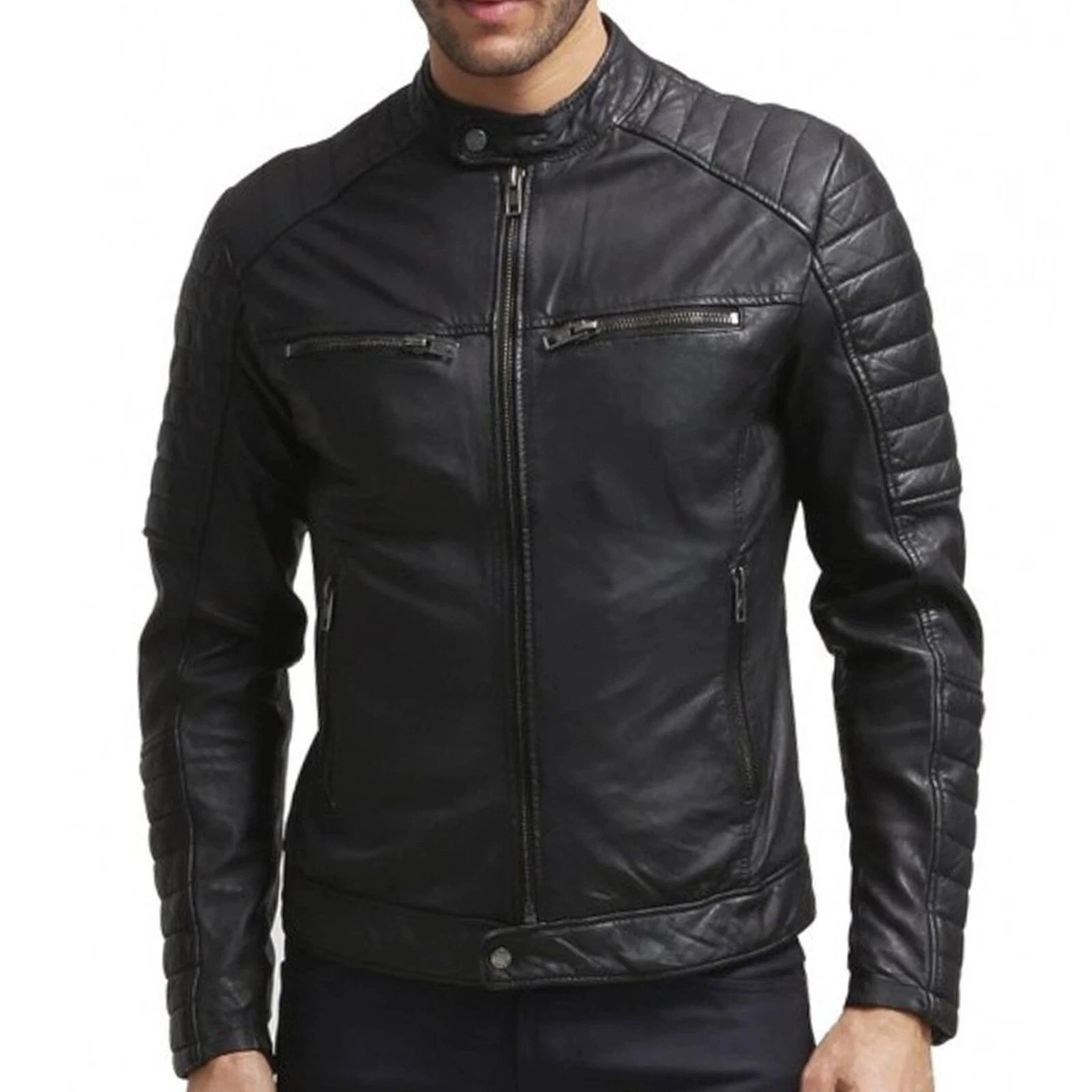 Men’s Black Quilted Slim Lambskin Leather Biker Style Real Leather Jacket