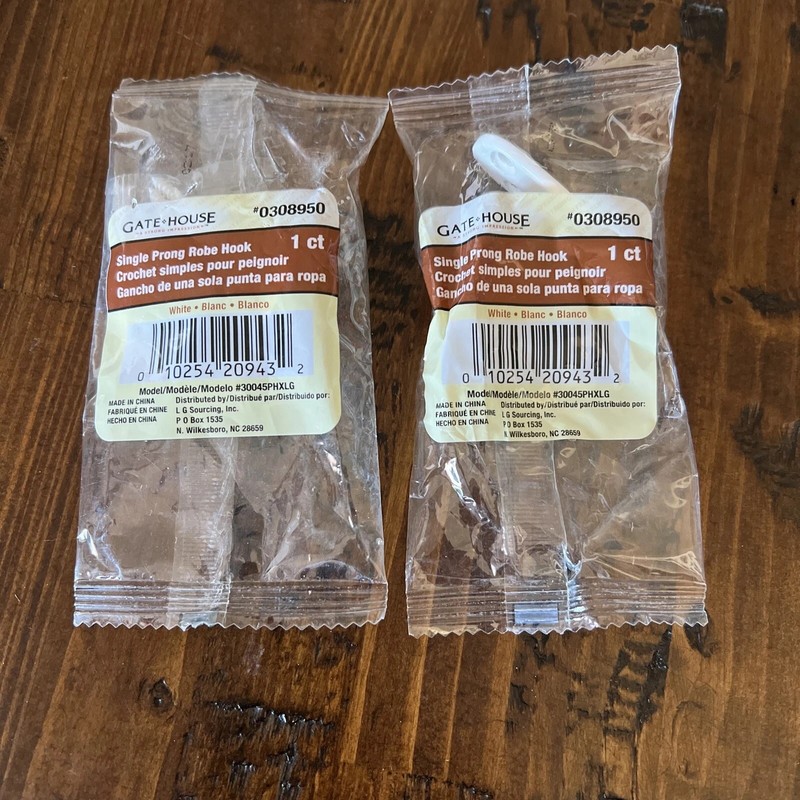 Lot Of 2-1 Per Pack. Gatehouse Single Prong Robe Hook #0308950 White