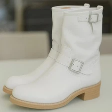 Men white biker boot, motorcycle style leather boot for mens, Men military boot