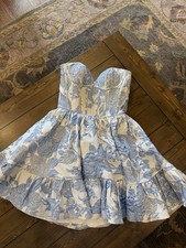 Sherri Hill Blue & White Floral Jacquard Strapless Sweetheart Corset Dress 0