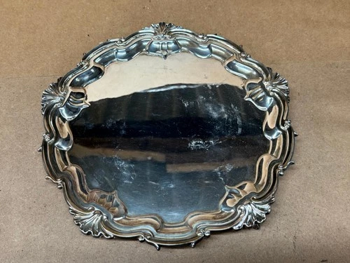 ANTIQUE JOSEPH SANKEY EPNS TRAY SILVER PLATED ORNATE SCALLOPED FOOTED DECORATIVE