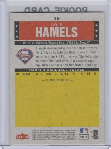 COLE HAMELS RARE ROOKIE CARD 2006 Fleer Tradition SEPIA RC Philadelphia Phillies - Picture 2 of 2
