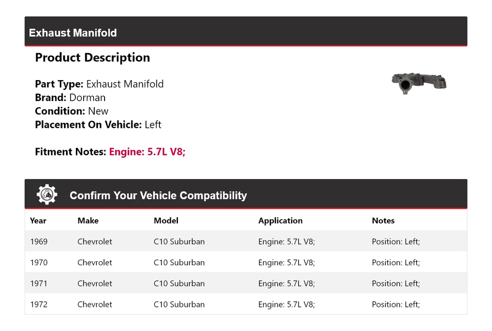适用于 1969 - 1972 雪佛兰 C10 Suburban 5.7L V8 Dorman 排气歧管左 1970 — 第 2/4 张图片