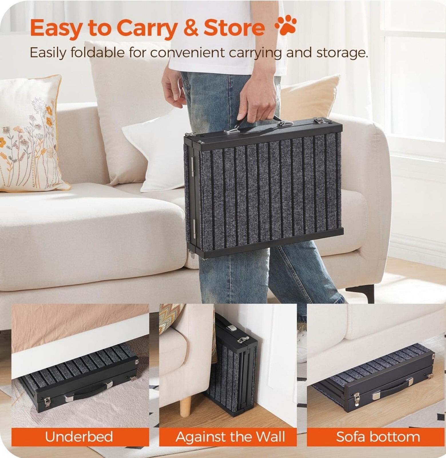 Portable Dog Ramp for Bed – Folding Pet Ramp for Small Dogs, Non-Slip Carpet.