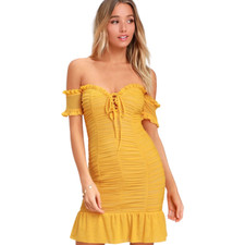 Lulus Bodycon Dress Womens Large Mustard Yellow Ruched Off-the-Shoulder