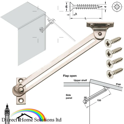 Hafele Nickel Plated Steel Lid Stay Lift Up Hinge + Guide Slot For Wooden Flaps