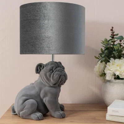 VALUELIGHTS Grey Velvet Bulldog Table Lamp Dog Light Bedroom Living Room Lighting LED Bulb