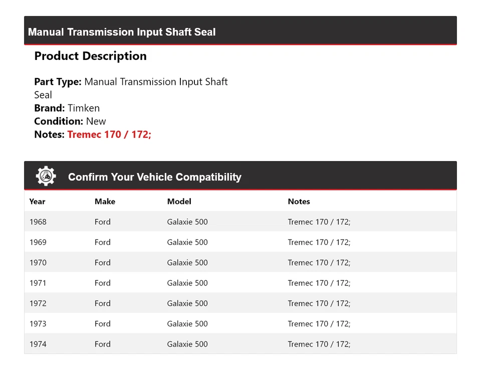 For 1968-1974 Ford Galaxie 500 Manual Transmission Input Shaft Seal Timken 1969 - Image 2 of 4