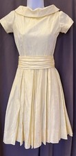 VTG 50s Pale Yellow Satin Brocade Chinoiserie Floral Party Formal Tea Dress SZ S