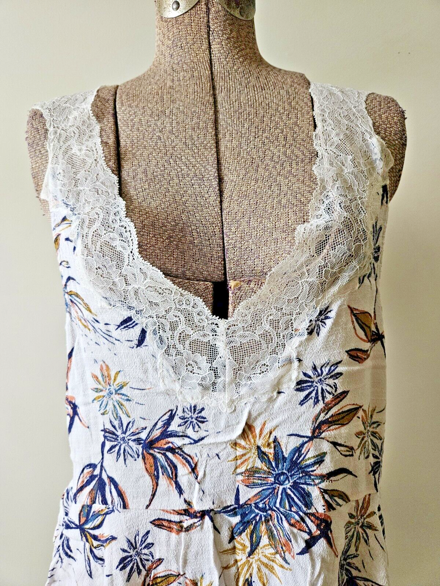 Free People Womens Tank Top White Blue Floral Woven Lace Trim
