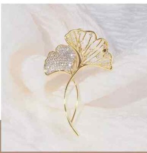 Authentic 0.80Ct Round Moissanite Leaf Small Fragrance Style Brooch 14K Yellow Gold Plated
