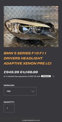 BMW 5 Series F10 2010 - 2013 Left Side Xenon Adaptive Headlight 