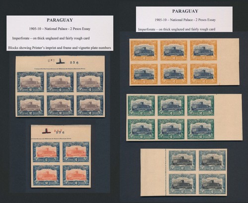 PARAGUAY BRIEFMARKEN 1905 2 PESOS NATIONALPALAST ABN COMPANY PROOFS mit TELLER NUMMERN, sehr schön