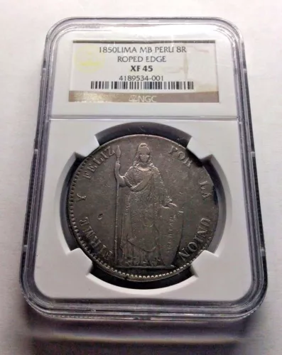 1850 peru 8 reales Lima silver republican cuzco crown graded XF 45 NGC REGISTRY