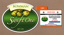 Bowman Ales Ltd Swift One pump clip/badge & Wetherspoon tasting notes.