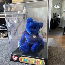 Ty Beanie Babies Blue Bear Plush in Display Case 1997 Vintage
