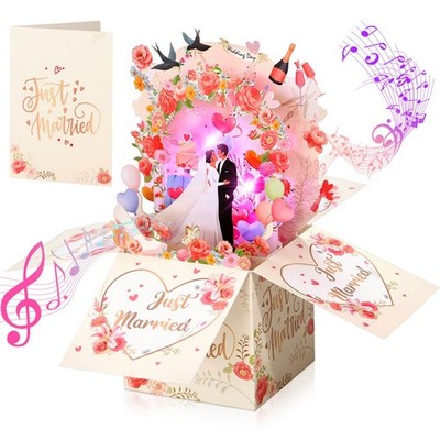 Hochzeitskarte mit Musik und Licht, Just Married 3D Pop Up Hochzeit Farbe 