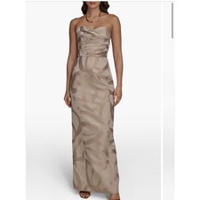 Donna Karan New York Strapless Metallic Jacquard Column Gown Champagne Size 12