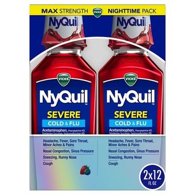 Vicks NyQuil SEVERE Cold & Flu Liquid 12 Fl Oz (Pack of 2), Original Version