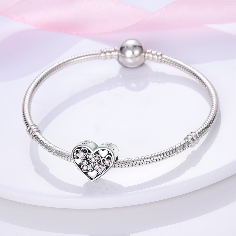 KUNSIR 925 Sterling Silver DIY Charm For Bracelet Pink Heart Zircon Bead Charm