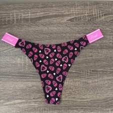 Pink By Victoria  s Secret Medium Black Skull Halloween Cotton Logo Thong Panties