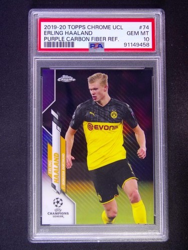 2019-20 Topps Chrome UCL Erling Haaland #74 Purple Carbon Fiber Refractor PSA 10