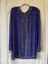 Vintage 80s Blue Silk Hand Beaded Sequins Glam Jacket Top M