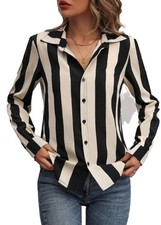 Women's Button Down Long Sleeve Casual Business Striped Small